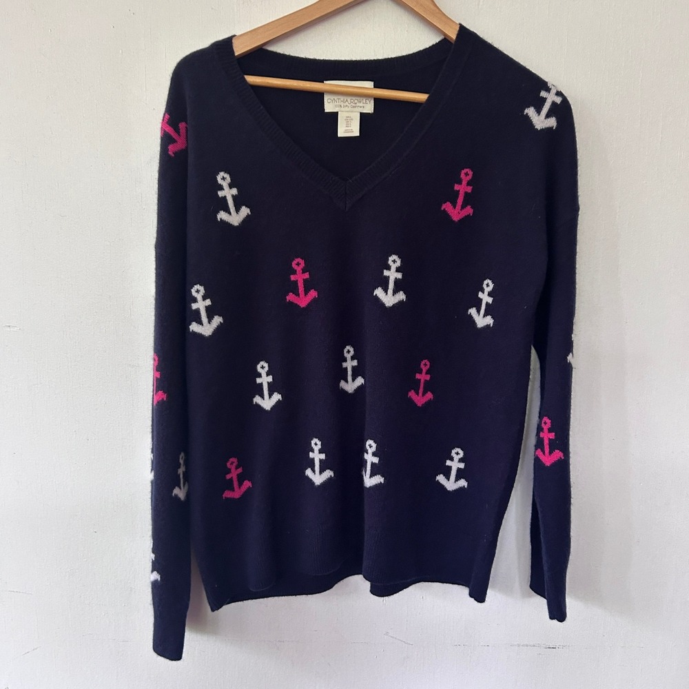 Cynthia Rowley Navy Blue 100% Cashmere Anchor Print V-Neck Sweater Womens Large